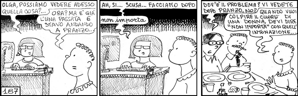 strisce, fumetti, umorismo, vignette, lavoro, ufficio, impiegati, operai, fabbrica, azienda, nove-diciotto, nove, diciotto, colpire il cuore di una donna, segretaria, facciamo dopo, non importa, intonazione