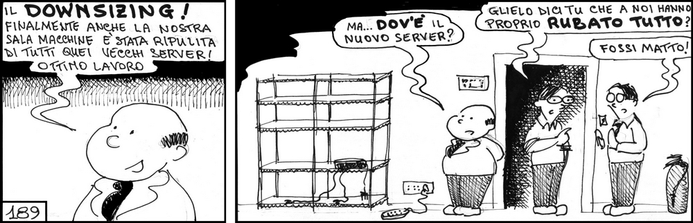 strisce, fumetti, umorismo, vignette, lavoro, ufficio, impiegati, operai, fabbrica, azienda, nove-diciotto, nove, diciotto, downsizing, furto, sala server