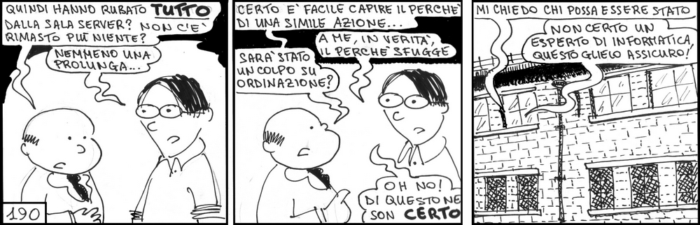 strisce, fumetti, umorismo, vignette, lavoro, ufficio, impiegati, operai, fabbrica, azienda, nove-diciotto, nove, diciotto, downsizing, furto, sala server, informatica