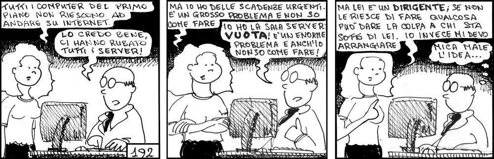strisce, fumetti, umorismo, vignette, lavoro, ufficio, impiegati, operai, fabbrica, azienda, nove-diciotto, nove, diciotto, dare la colpa, segretaria, dirigente, problema