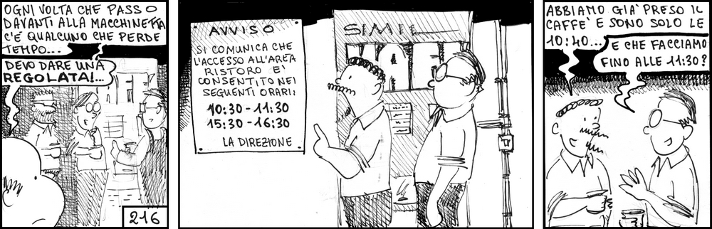 strisce, fumetti, umorismo, vignette, lavoro, ufficio, impiegati, operai, fabbrica, azienda, nove-diciotto, nove, diciotto, regolamento accesso pausa ristoro, caffè