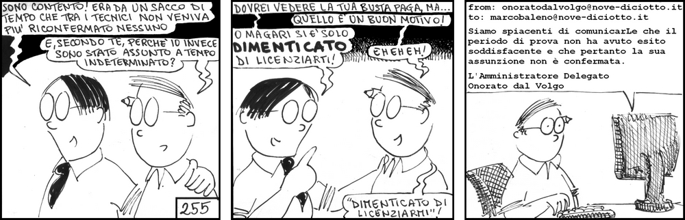 strisce, fumetti, umorismo, vignette, lavoro, ufficio, impiegati, operai, fabbrica, azienda, nove-diciotto, nove, diciotto, periodo di prova, licenziamento, impiegati