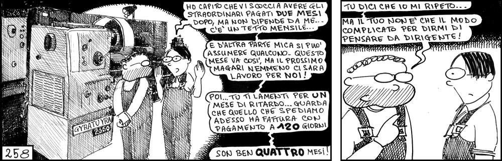 strisce, fumetti, umorismo, vignette, lavoro, ufficio, impiegati, operai, fabbrica, azienda, nove-diciotto, nove, diciotto, pensare da dirigente