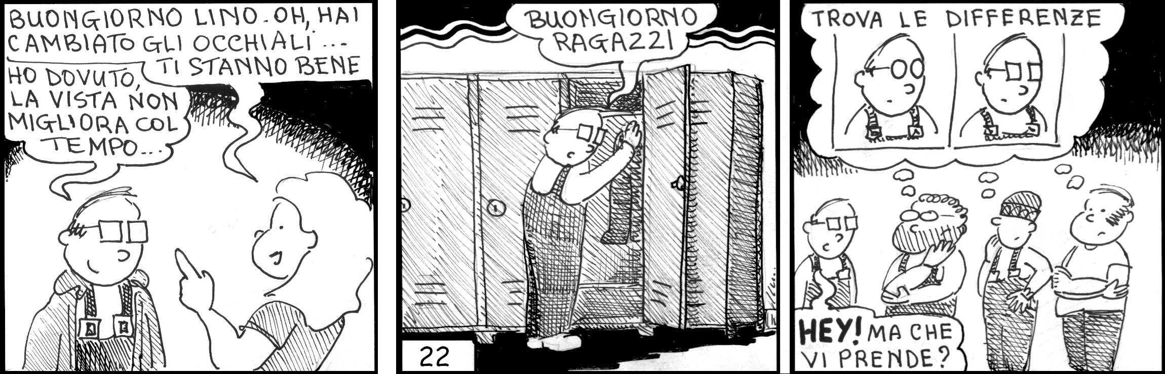 strisce, Mimmo Vimento, fumetti, umorismo, vignette, lavoro, ufficio, nove-diciotto, nove, diciotto, occhiali, trova le differenze