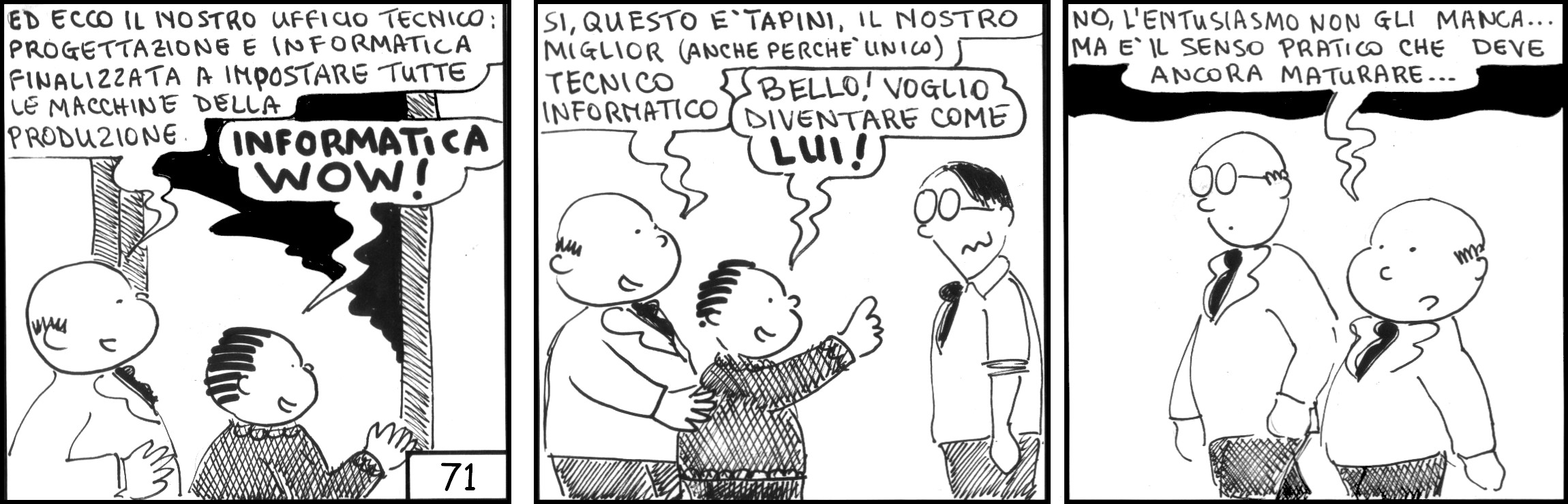 strisce, Erminio Tapini, fumetti, umorismo, vignette, lavoro, ufficio, nove-diciotto, nove, diciotto, tecnico informatico, senso pratico, informatica