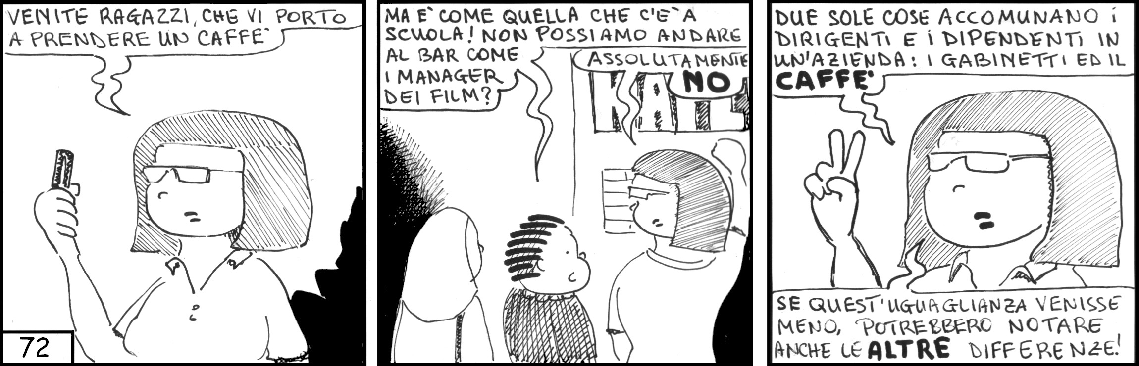 strisce, Benedetta Dal Volgo, fumetti, umorismo, vignette, lavoro, ufficio, nove-diciotto, nove, diciotto, macchinetta caffè, pausa caffè, due sole cose accomunano i dirigenti e i dipendenti in un'azienda