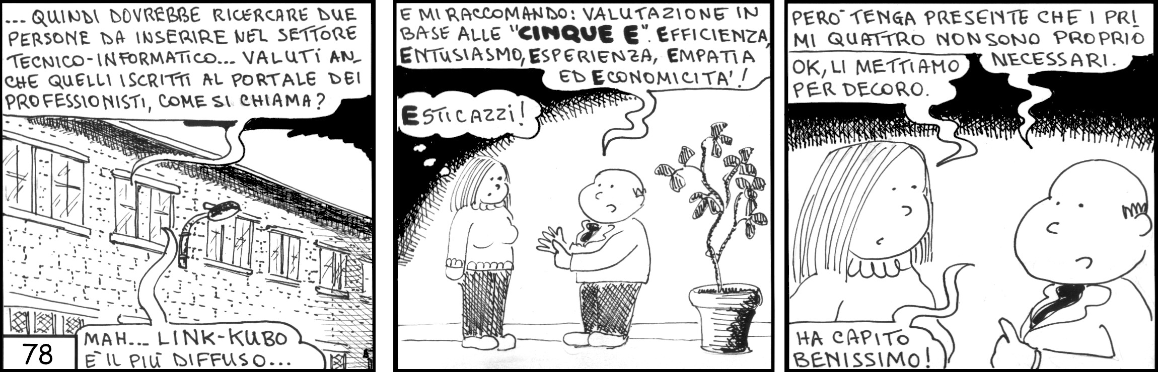 strisce, Susanna Campacavallo, fumetti, umorismo, vignette, lavoro, ufficio, nove-diciotto, nove, diciotto, efficienza, entusiasmo, esperienza, empatia, economicità, cinque e, esticazzi, link-kubo, ricerca personale