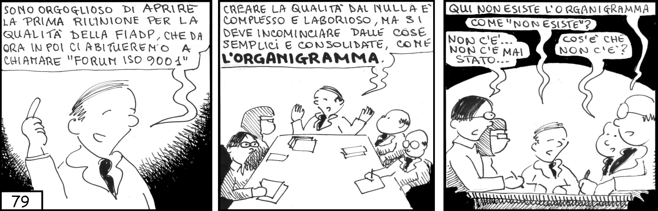 strisce, Michael Goldone, fumetti, umorismo, vignette, lavoro, ufficio, nove-diciotto, nove, diciotto, certificazione, iso 9001, qualità, organigramma, riunione