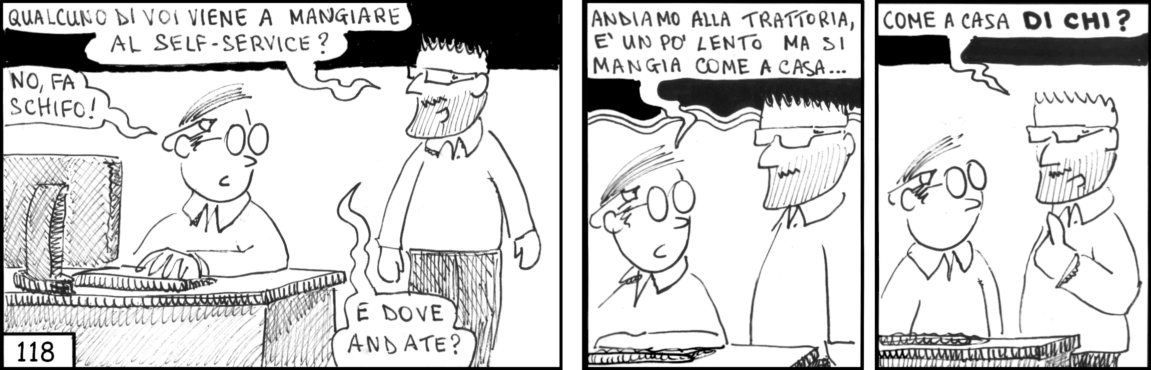 strisce, Alain Barbera, fumetti, umorismo, vignette, lavoro, ufficio, nove-diciotto, nove, diciotto, pranzo, self service, trattoria, si mangia come a casa, a casa di chi