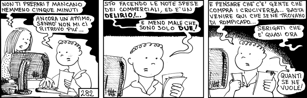 strisce, fumetti, umorismo, vignette, lavoro, ufficio, impiegati, operai, fabbrica, azienda, nove-diciotto, nove, diciotto, note spese, commerciali, rimborsi spese, impiegati, amministrazione, rompicapo
