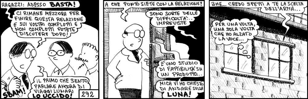 strisce, fumetti, umorismo, vignette, lavoro, ufficio, impiegati, operai, fabbrica, azienda, nove-diciotto, nove, diciotto, Complotto Lunare, cospirazione, riunione, impiegati, mica vi ho chiesto di andare sulla luna
