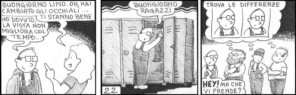 strisce, Marino Pescetto, fumetti, umorismo, vignette, lavoro, ufficio, nove-diciotto, nove, diciotto, occhiali, trova le differenze