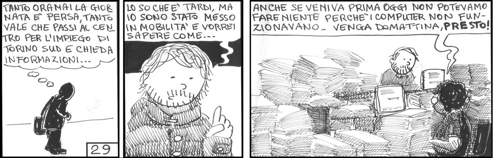 strisce, Baldovino Conti, fumetti, umorismo, vignette, lavoro, ufficio, nove-diciotto, nove, diciotto, dipendente, licenziamento, mobilit, centro per l'impiego, torino