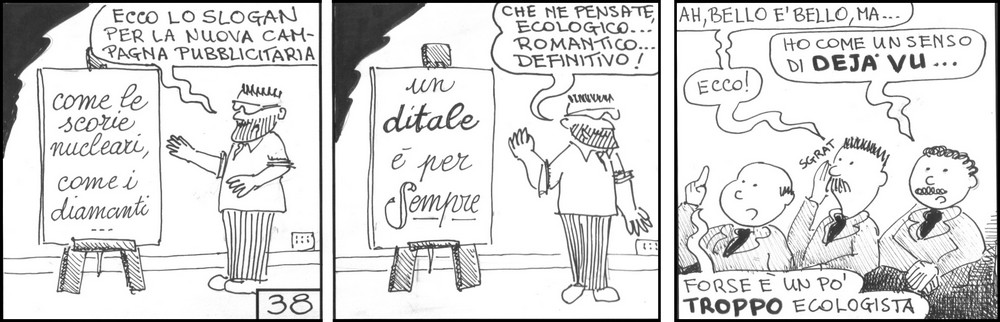 strisce, Alain Barbera, fumetti, umorismo, vignette, lavoro, ufficio, nove-diciotto, nove, diciotto, slogan, campagna pubblicitaria, un ditale è per sempre
