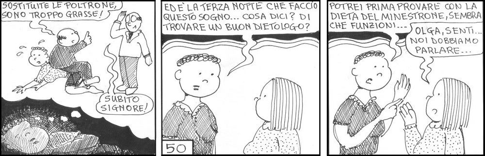 strisce, Olga Binetto, fumetti, umorismo, vignette, lavoro, ufficio, nove-diciotto, nove, diciotto, poltrone grasse, sogno sadomaso, dieta, dietologo