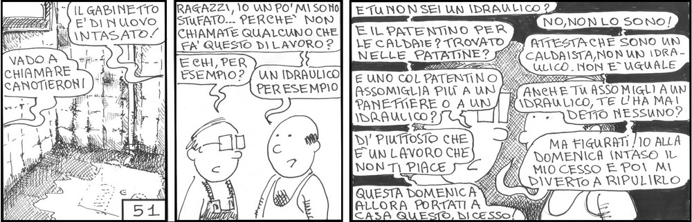 strisce, 'Canotieroni', fumetti, umorismo, vignette, lavoro, ufficio, nove-diciotto, nove, diciotto, gabinetto, cesso, intasato