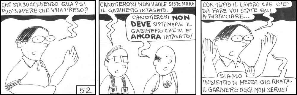 strisce, Gianandrea Andreanni, fumetti, umorismo, vignette, lavoro, ufficio, nove-diciotto, nove, diciotto, gabinetto, cesso, intasato, produzione