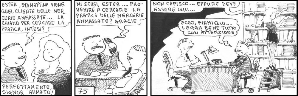 strisce, Carlo Armato, fumetti, umorismo, vignette, lavoro, ufficio, nove-diciotto, nove, diciotto, firma, contratto, segretaria, sexy, commerciali, cliente