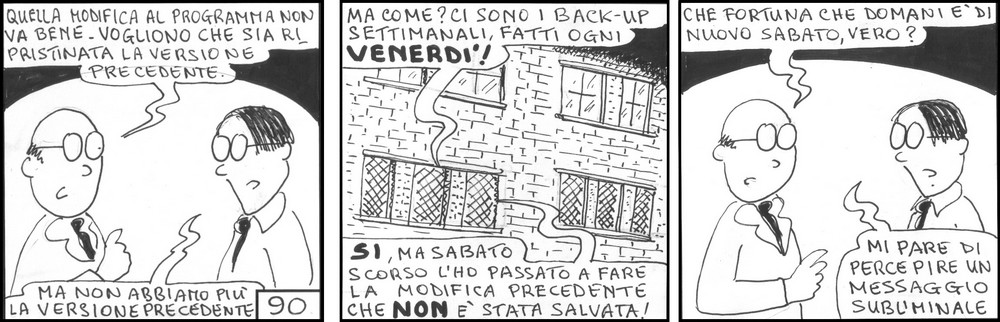 strisce, Augusto Imperatore, fumetti, umorismo, vignette, lavoro, ufficio, nove-diciotto, nove, diciotto, backup, informatica, salvataggio, versione, programma, weekend, sabato, domenica