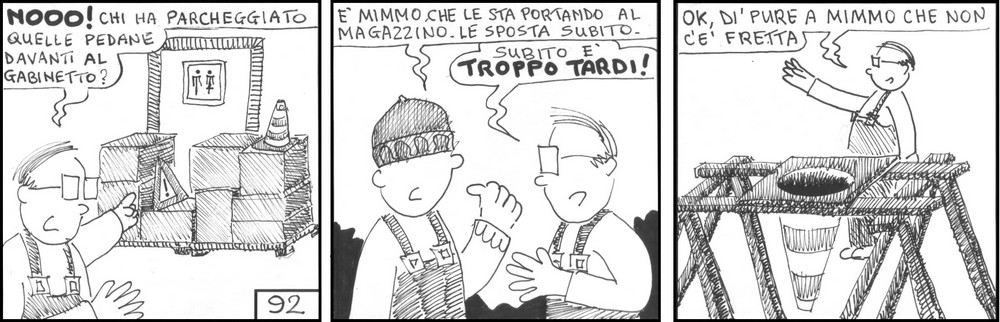 strisce, Marino Pescetto, fumetti, umorismo, vignette, lavoro, ufficio, nove-diciotto, nove, diciotto, pedana, gabinetto, officina