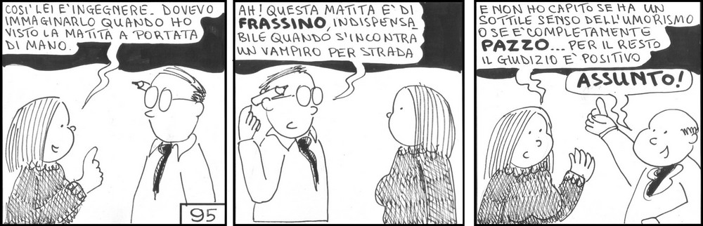 strisce, Marco Baleno, fumetti, umorismo, vignette, lavoro, ufficio, nove-diciotto, nove, diciotto, colloquio di lavoro, assunzione, ingegnere, vampiro, matita di frassino, pazzo