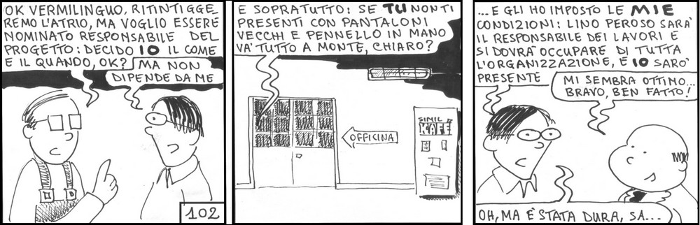 strisce, Gianandrea Andreanni, fumetti, umorismo, vignette, lavoro, ufficio, nove-diciotto, nove, diciotto, imbianchini, tinteggiatura, officina, organizzazione