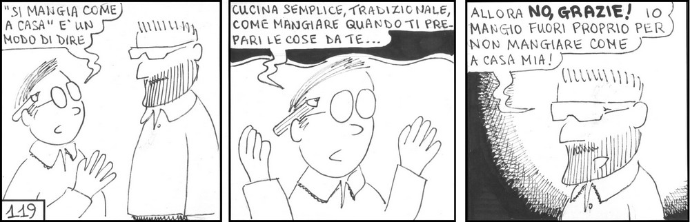 strisce, Marco Baleno, fumetti, umorismo, vignette, lavoro, ufficio, nove-diciotto, nove, diciotto, pranzo, self service, trattoria, si mangia come a casa