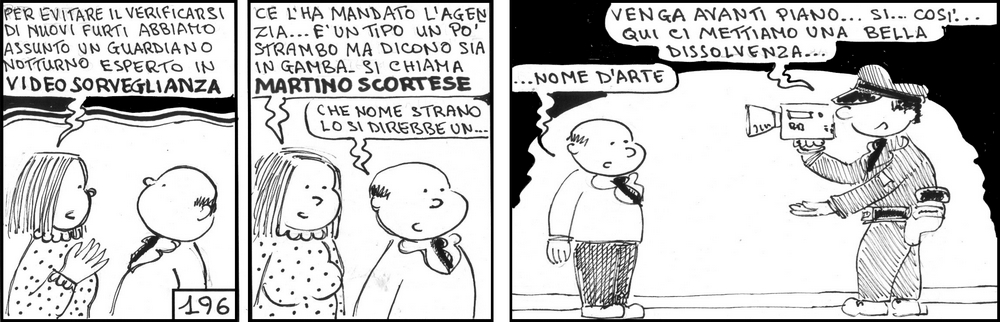 strisce, Martino Scortese, fumetti, umorismo, vignette, lavoro, ufficio, nove-diciotto, nove, diciotto, videosorveglianza, assunzione, guardiano notturno