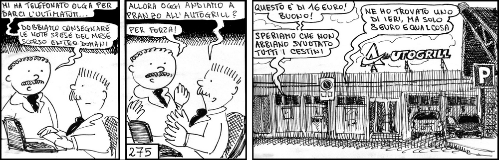 strisce, Franco Tiratore, fumetti, umorismo, vignette, lavoro, ufficio, nove-diciotto, nove, diciotto, note spese, rimborsi spese, commerciali, impiegati, autogrill, scontrini