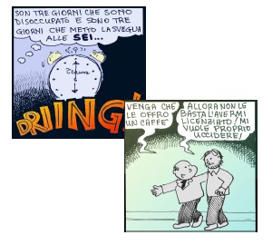 strisce, fumetti, umorismo, vignette, lavoro, ufficio, impiegati, operai, fabbrica, azienda, nove-diciotto, nove, diciotto, Alberto Baroni, disoccupato, sveglia, caffè