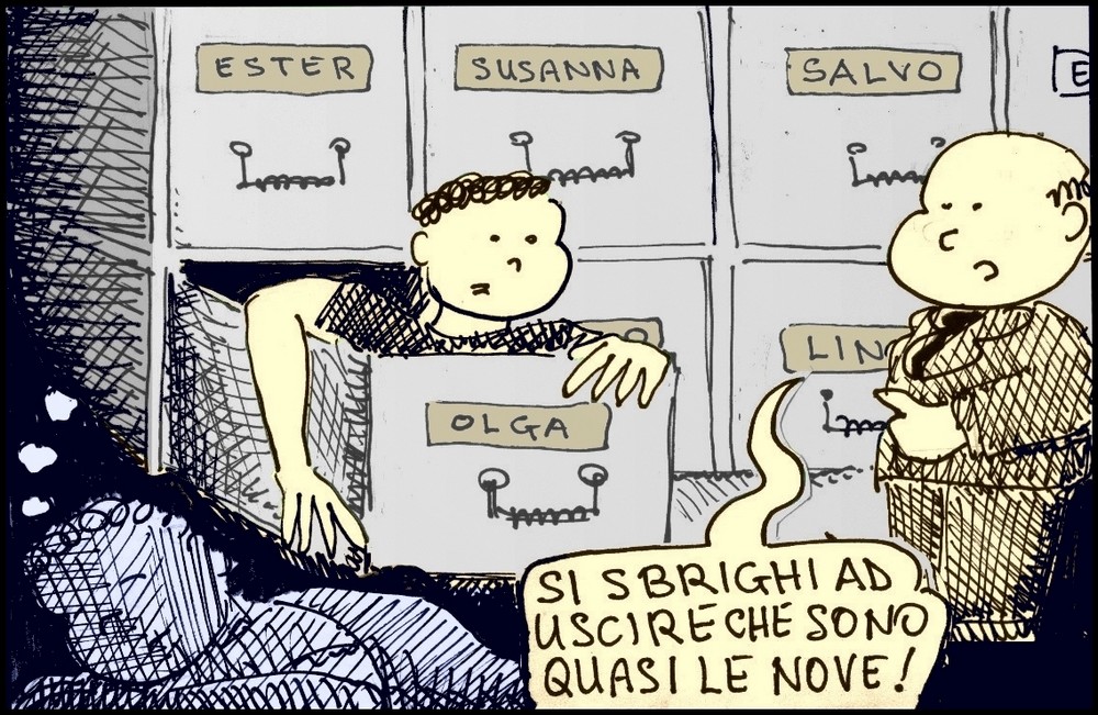 #nove-diciotto, #fumetti, #alberto baroni, #vignette, #lavoro, #ufficio, #fabbrica, #umorismo, #schedario, #segretaria