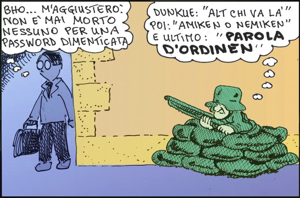 #nove-diciotto, #fumetti, #alberto baroni, #vignette, #lavoro, #ufficio, #fabbrica, #umorismo, #password, #password dimenticata, #parola d'ordine