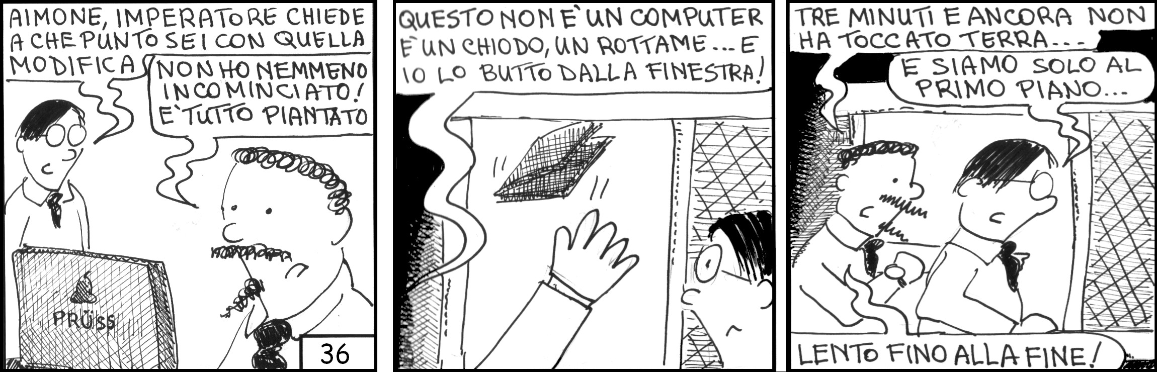 strisce, Aimone Taspiccia, fumetti, umorismo, vignette, lavoro, ufficio, nove-diciotto, nove, diciotto, computer, lento, finestra, lancio