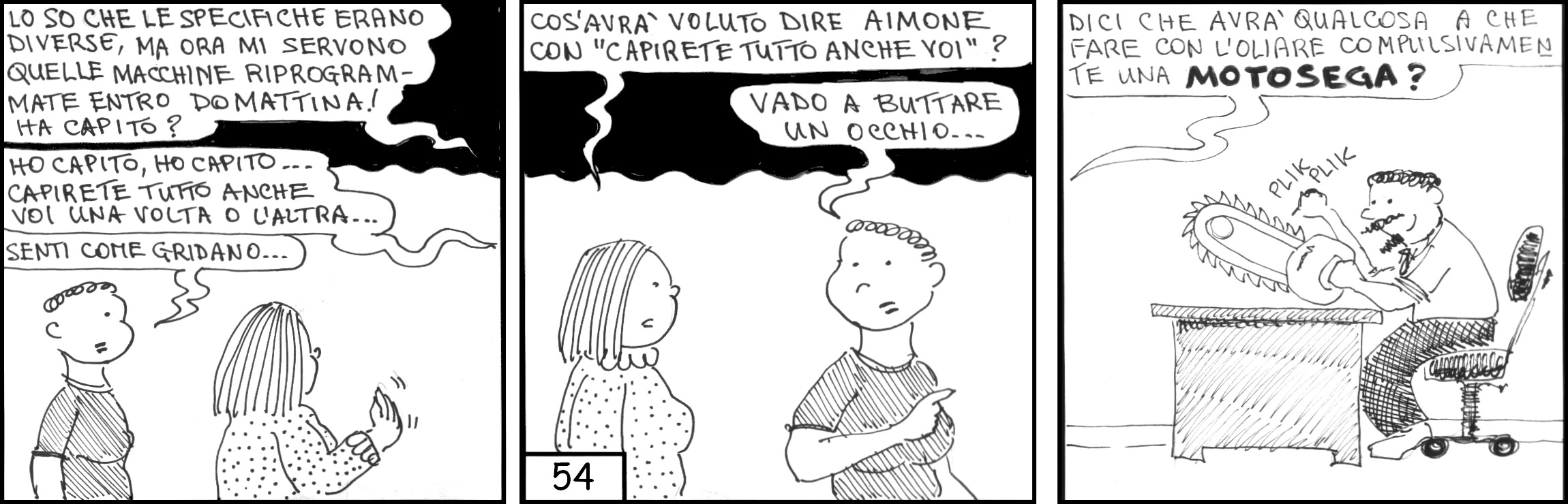 strisce, Aimone Taspiccia, fumetti, umorismo, vignette, lavoro, ufficio, nove-diciotto, nove, diciotto, motosega, dipendenti