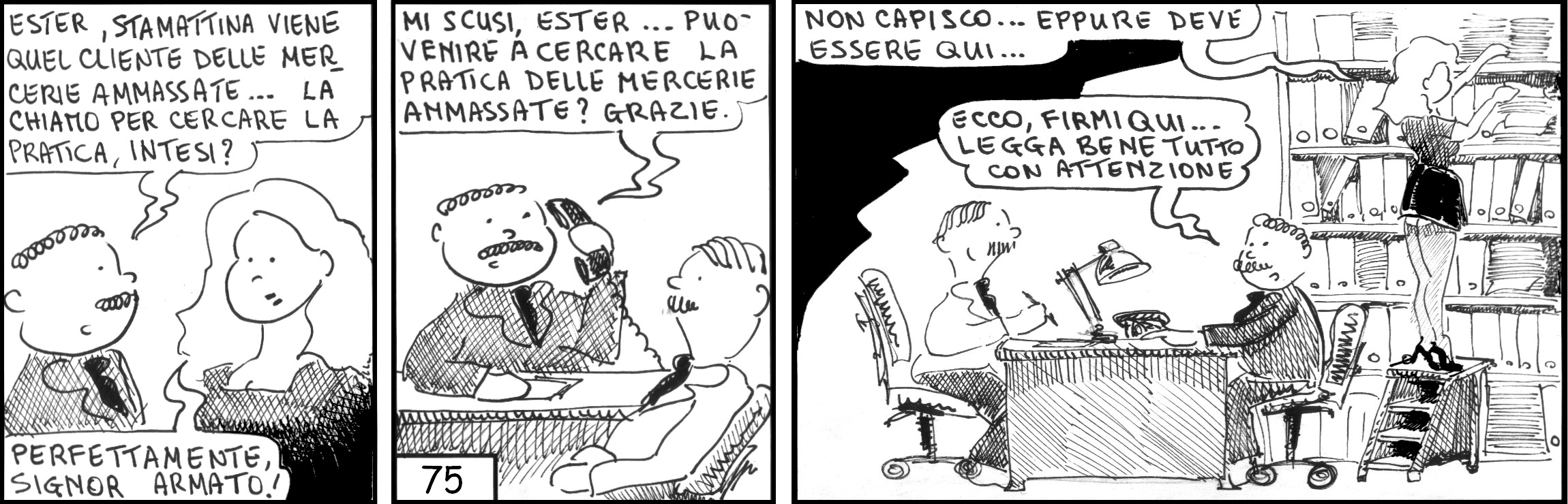 strisce, Carlo Armato, fumetti, umorismo, vignette, lavoro, ufficio, nove-diciotto, nove, diciotto, firma, contratto, segretaria, sexy, commerciali, cliente