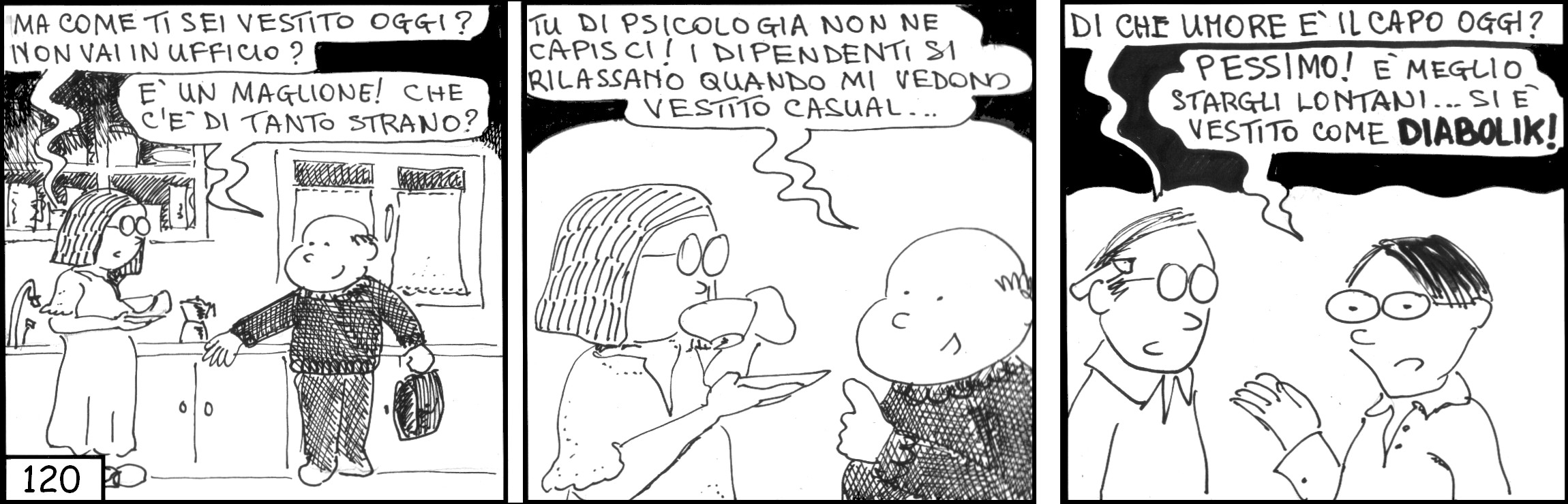strisce, Onorato Dal Volgo, fumetti, umorismo, vignette, lavoro, ufficio, nove-diciotto, nove, diciotto, capo, maglione, diabolik, casual