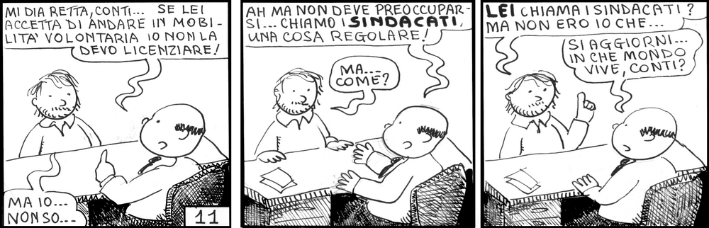 strisce, fumetti, umorismo, vignette, lavoro, ufficio, impiegati, operai, fabbrica, azienda, nove-diciotto, nove, diciotto, mobilit, sindacati, licenziamento