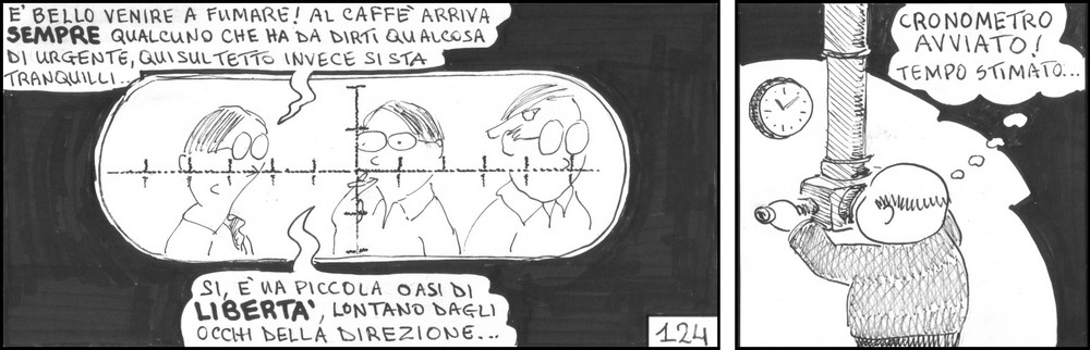 strisce, fumetti, umorismo, vignette, lavoro, ufficio, impiegati, operai, fabbrica, azienda, nove-diciotto, nove, diciotto, privacy, dipendenti, controllo